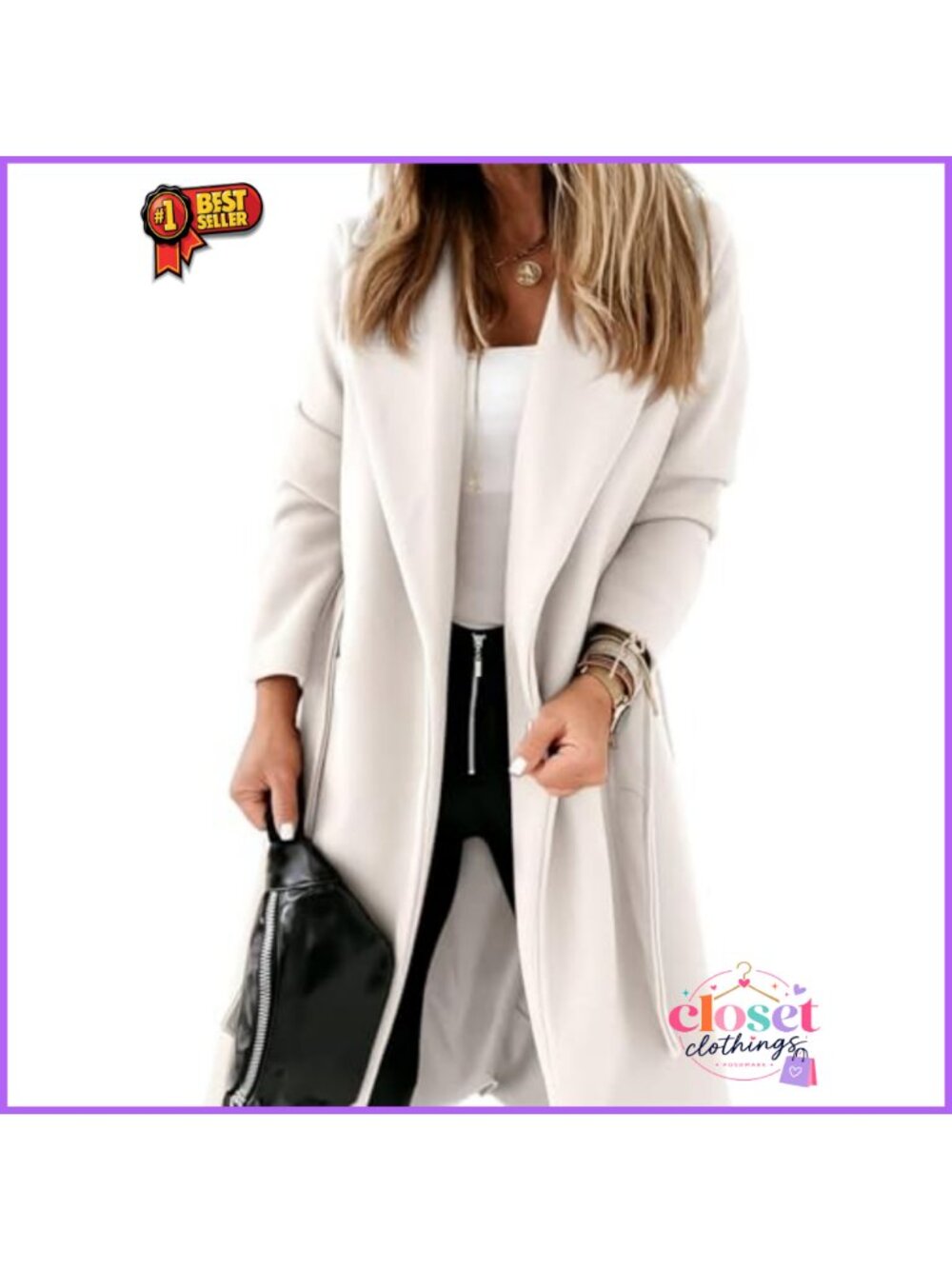 Women's Long Belted Overcoat Notch Lapel Open Front Pea Coat